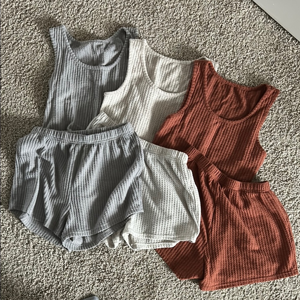SHEIN Waffle Knit Pajama Set - Blue, White, Rust